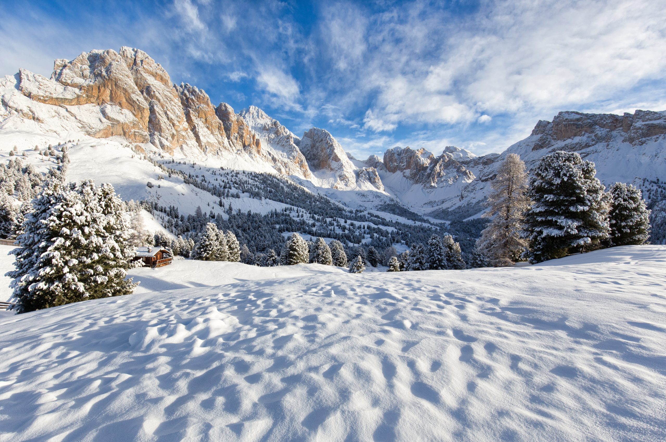 Beautiful snowy landscape with the mountains in the background